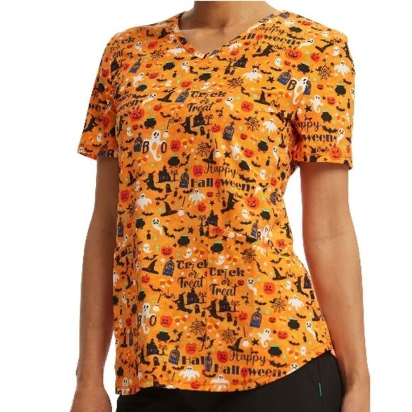 Women's Plus "Pumpkin Palooza" V-Neck Print Scrub Short Sleeve Top Shirt Size 2X - Picture 4 of 6